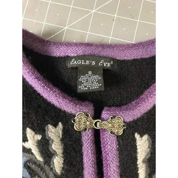 Eagles Eye Vintage Womens Black & Purple 100% Wool Embroidered Cardigan S - Picture 2 of 3